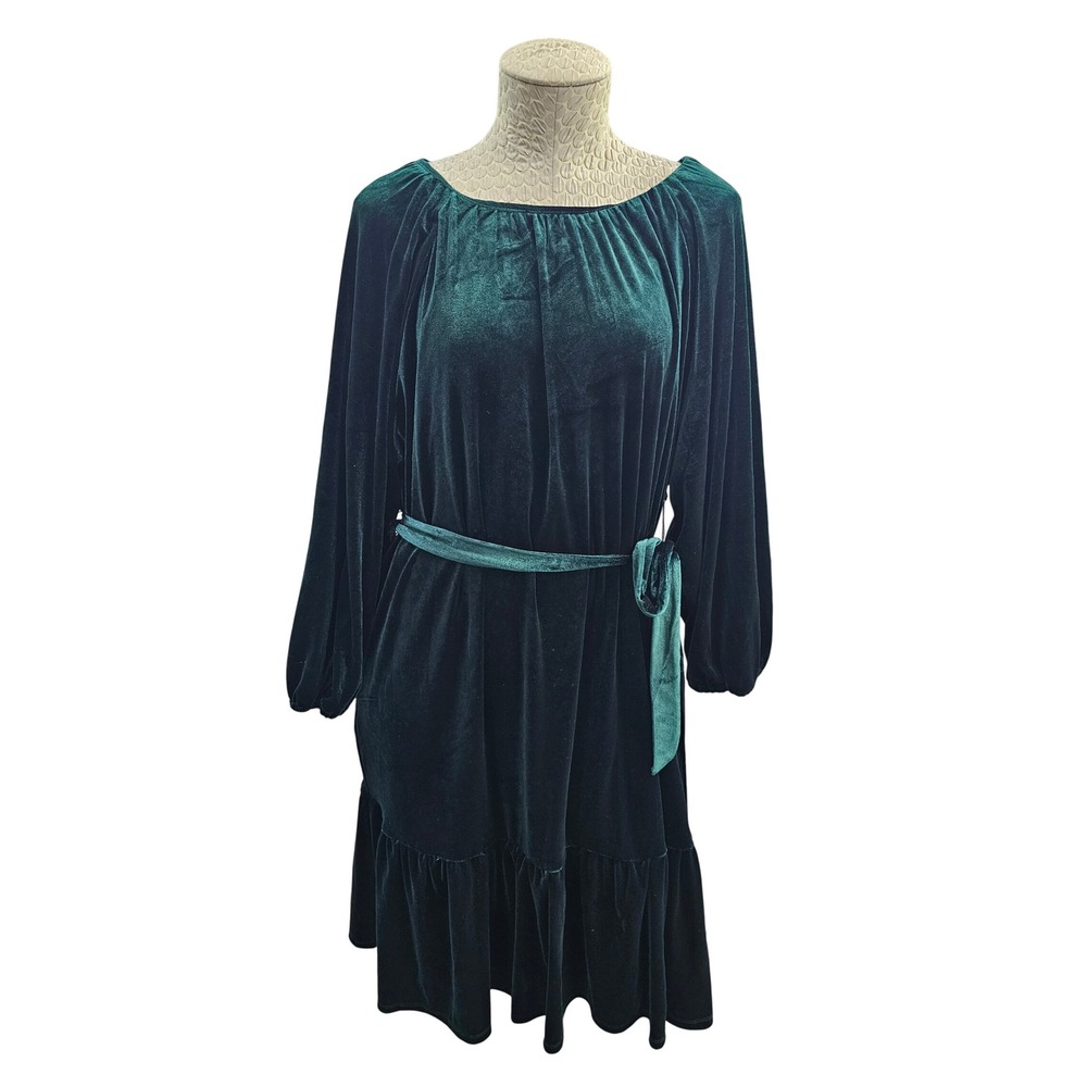 Draper James RSVP Dress Womens 1X Dark Green Velvet Bow Back Tiered Long Sleeve